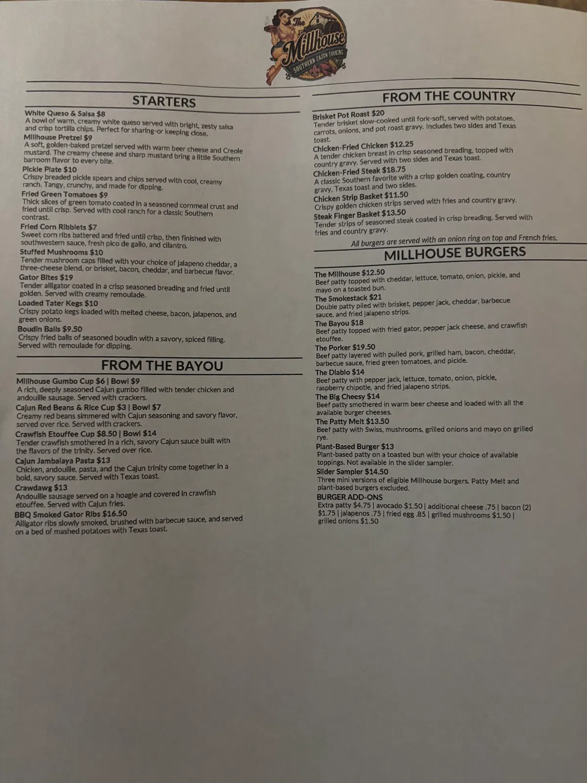 The millhouse Menu