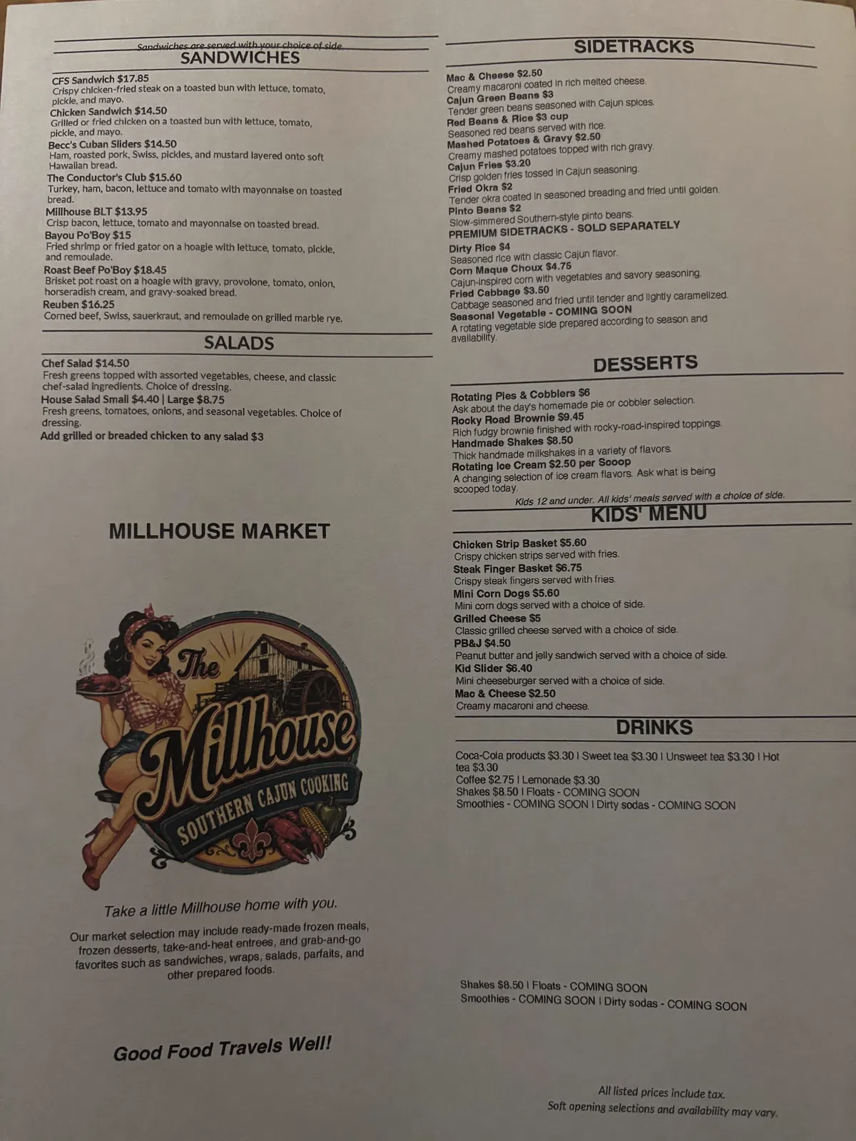The millhouse Menu