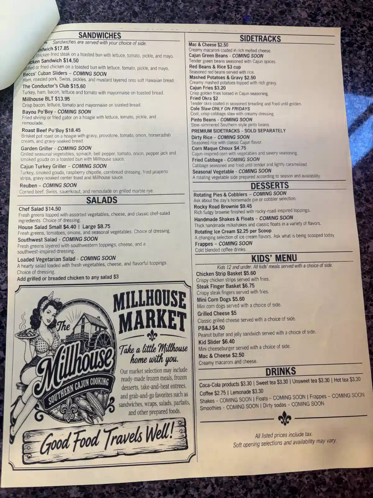 The millhouse Menu
