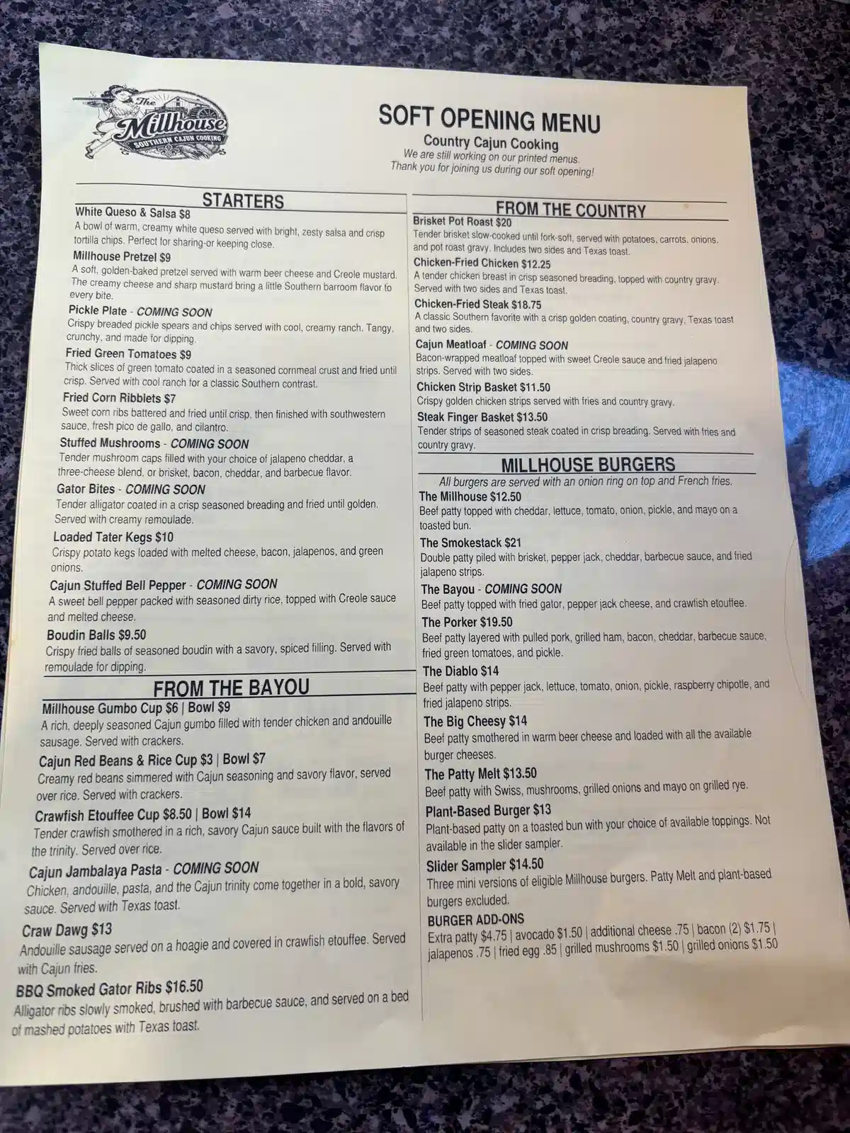 The millhouse Menu